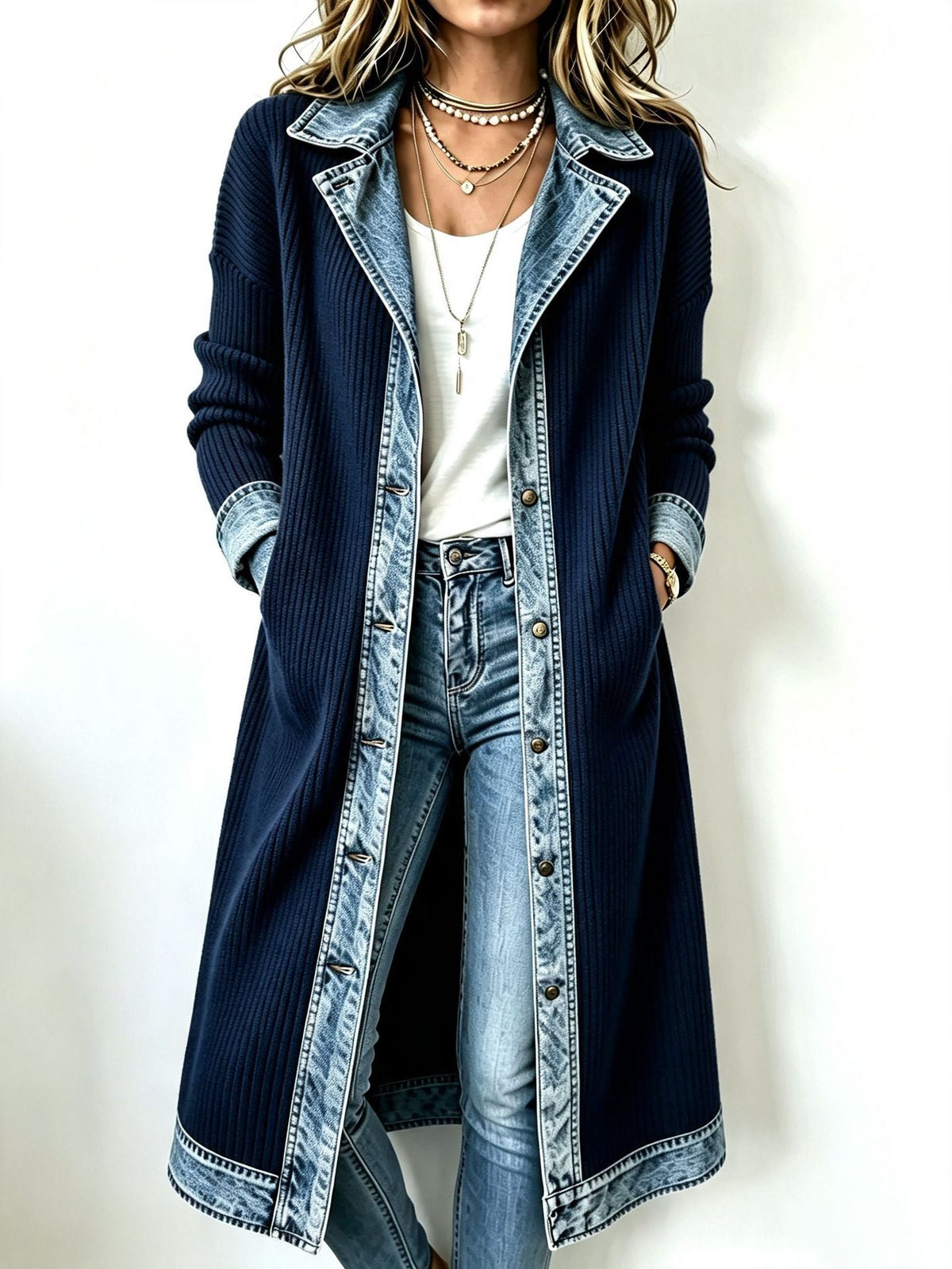 Cardigan long effet denim femme bleu marine, col à revers denim et boutons devant.