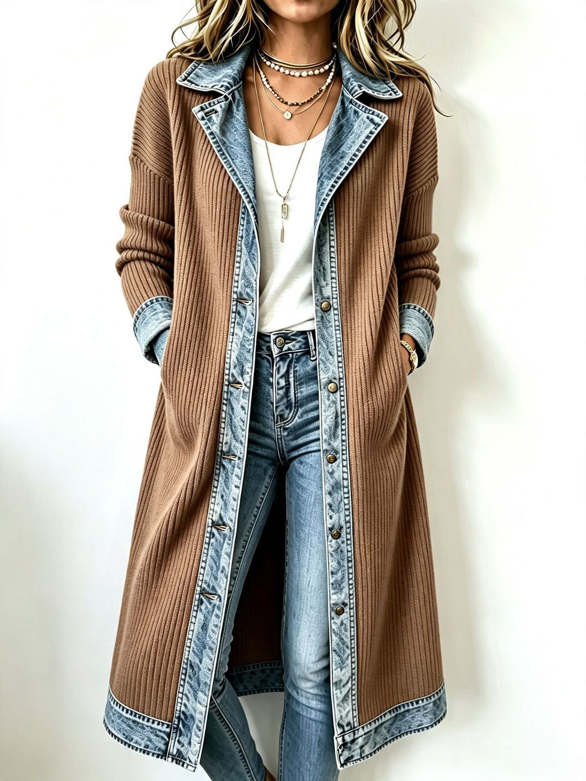 Cardigan long effet denim femme camel, col à revers denim, fermeture boutonnée.