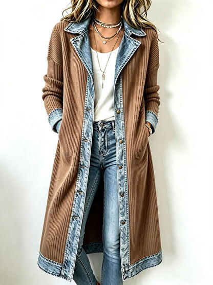Cardigan long effet denim femme camel, col à revers denim, fermeture boutonnée.