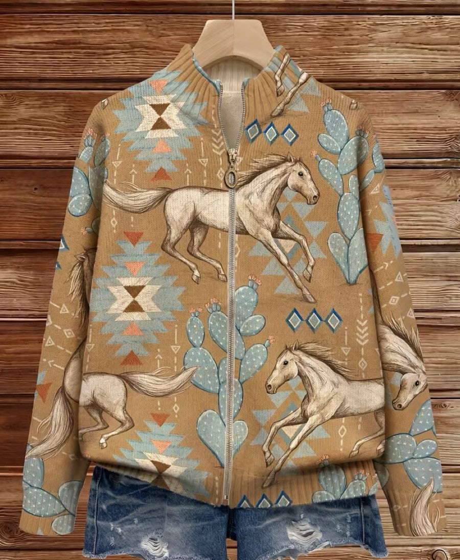 Perpetua | Cardigan zippé Cheval du Désert et Cactus
