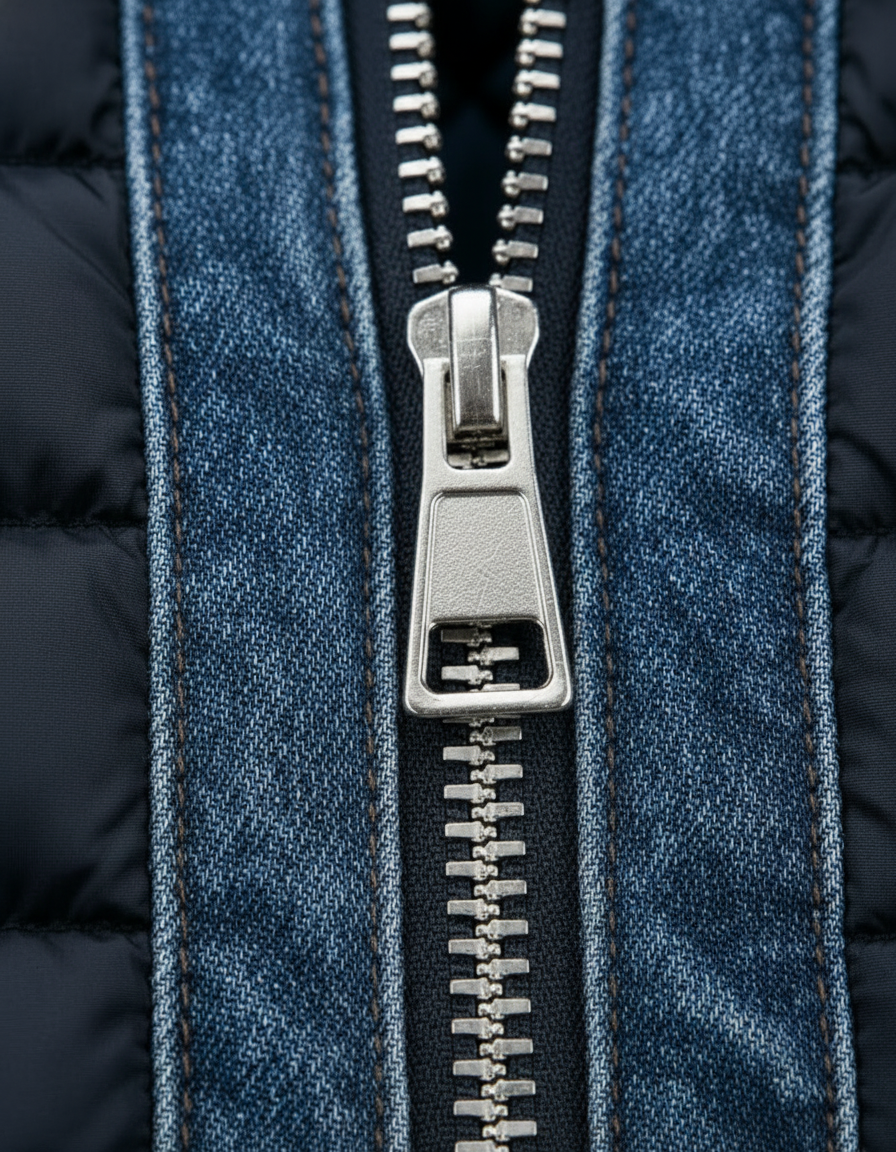 Veste en jean matelassée Thomas : fermeture éclair argentée sur empiècement denim bleu.