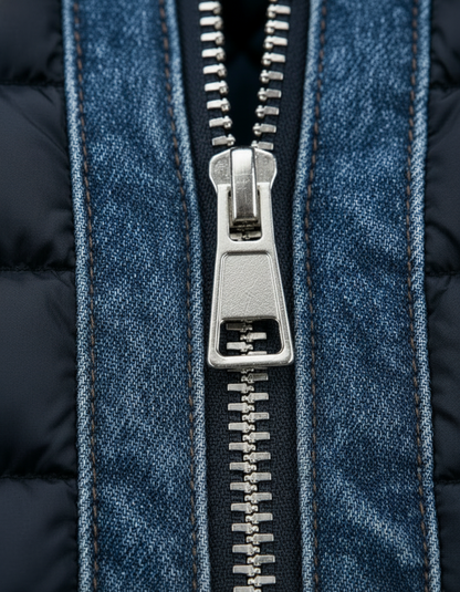Veste en jean matelassée Thomas : fermeture éclair argentée sur empiècement denim bleu.