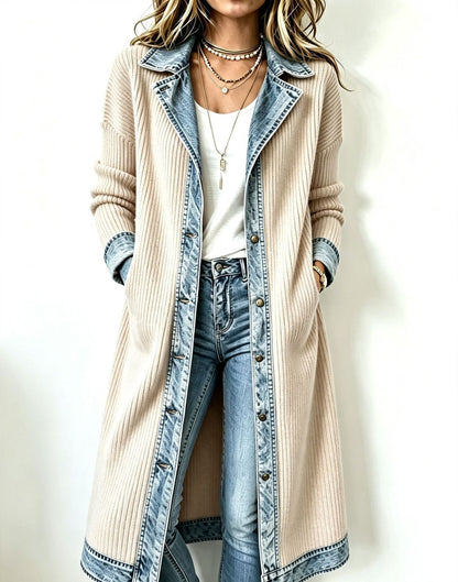 Cardigan long effet denim femme écru, panneaux denim boutonnés au centre.