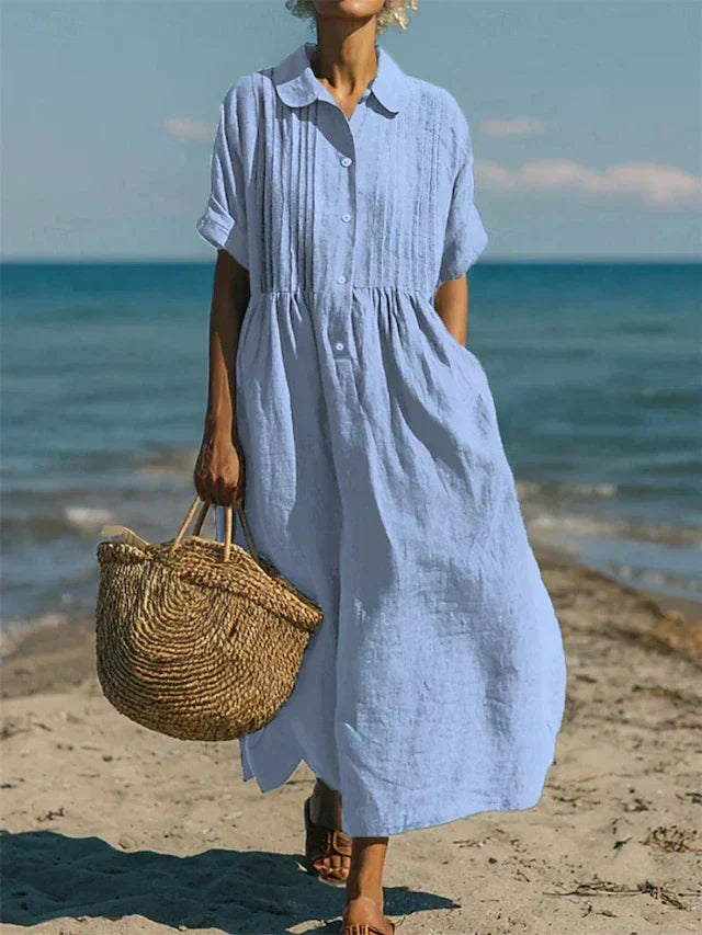 Robe longue en lin bleu clair pour femme, col chemise, boutonnage, coupe ample