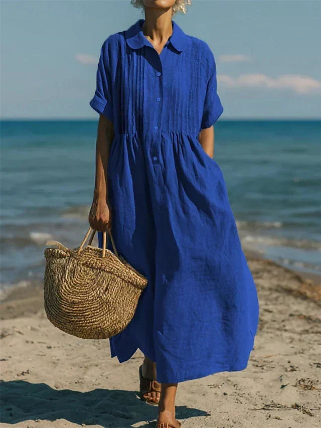 Robe longue en lin bleue pour femme, col chemise, boutonnage, taille froncée ample
