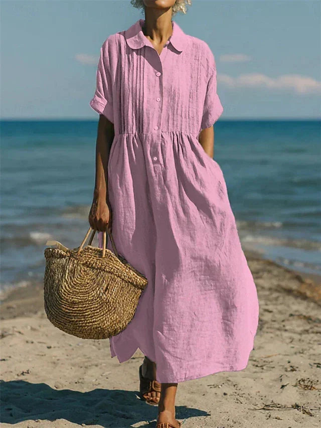Robe longue en lin rose poudré pour femme, col chemise, boutonnage, manches courtes