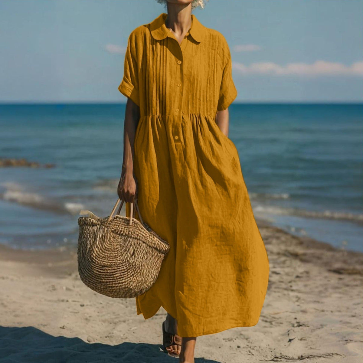 Robe longue en lin orange pour femme, col chemise, boutonnage, jupe ample à taille froncée