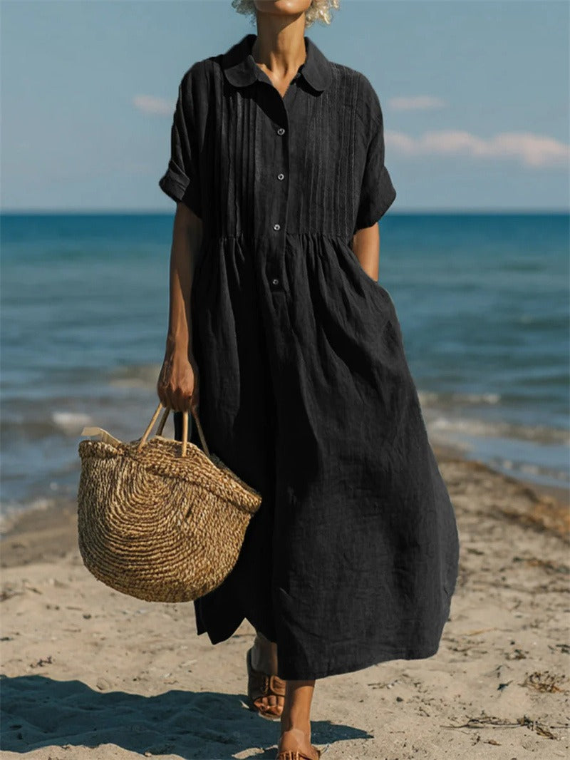 Robe longue en lin noire pour femme, col chemise, boutonnage, manches courtes et ample