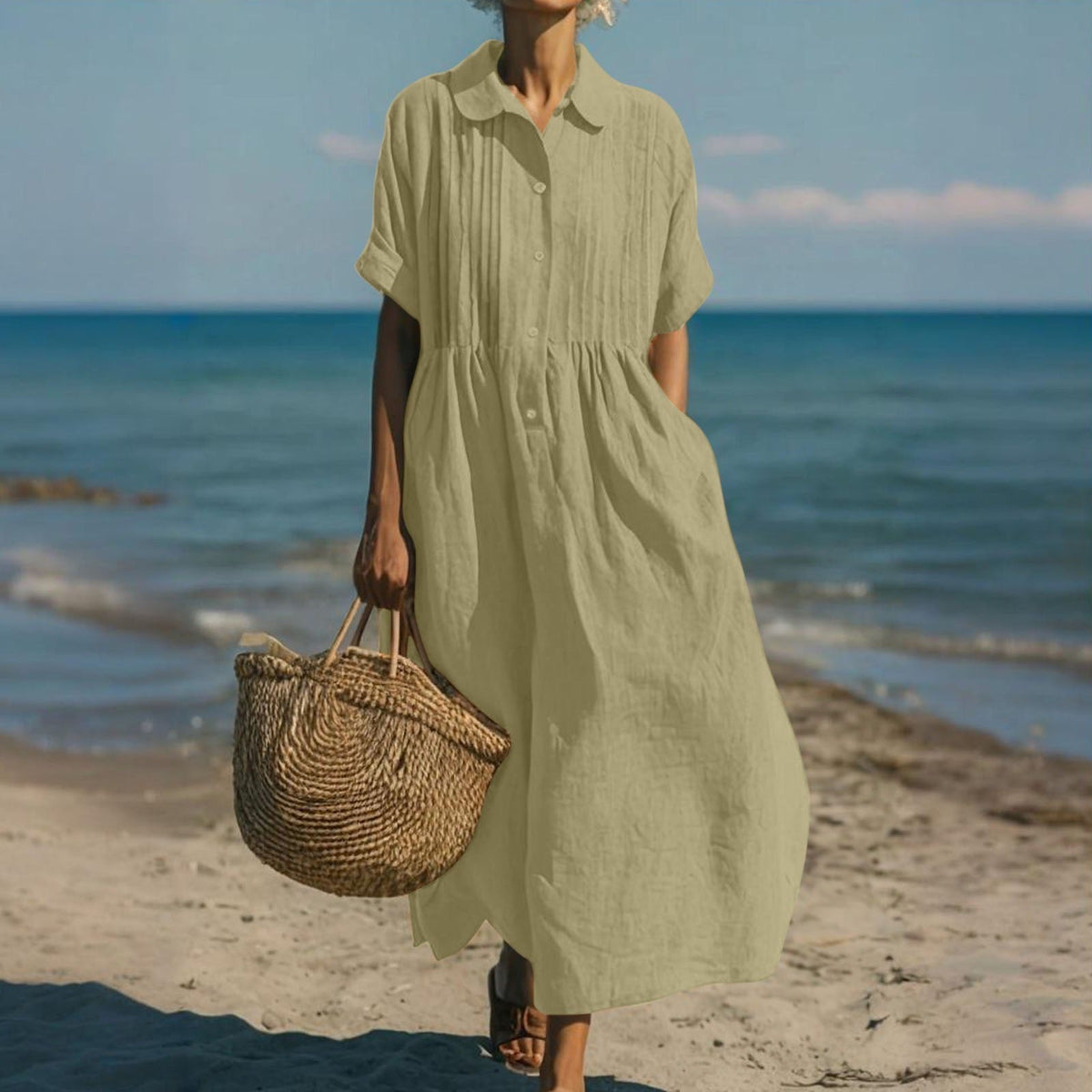 Robe longue en lin vert kaki pour femme, col chemise, boutonnage, taille froncée ample