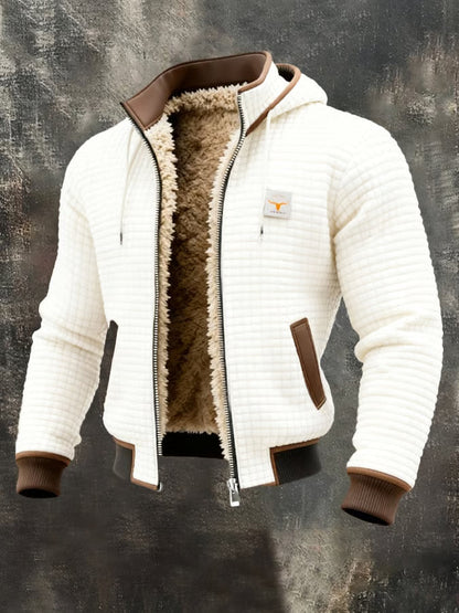 Veste bomber homme blanche à capuche, doublure sherpa chaude, texture gaufrée.