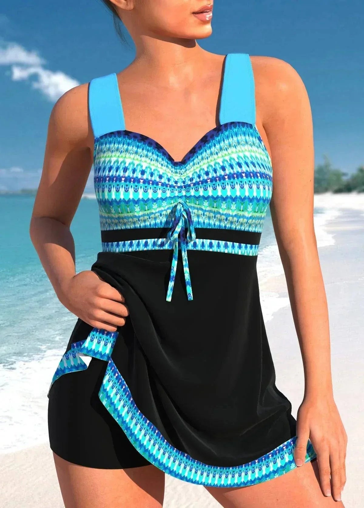 Maillot de bain bleu clair à motifs rayés, drapé noir et nœud central