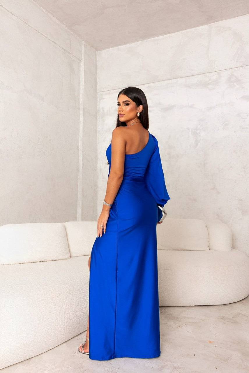 Robe trapèze Eleanor™ une épaule bleu, drapée, fente latérale.